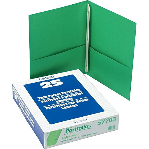 Oxford Twin Pocket Portfolio with Fasteners, Light Green, 8 1/2" x 11", 25/Bx at Staples