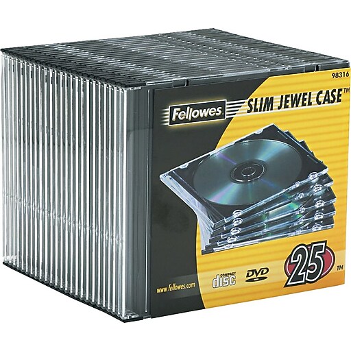 Fellowes Slimline Jewel Cases for CD/DVD, Clear/Black, 25/Pack (98316) Staples