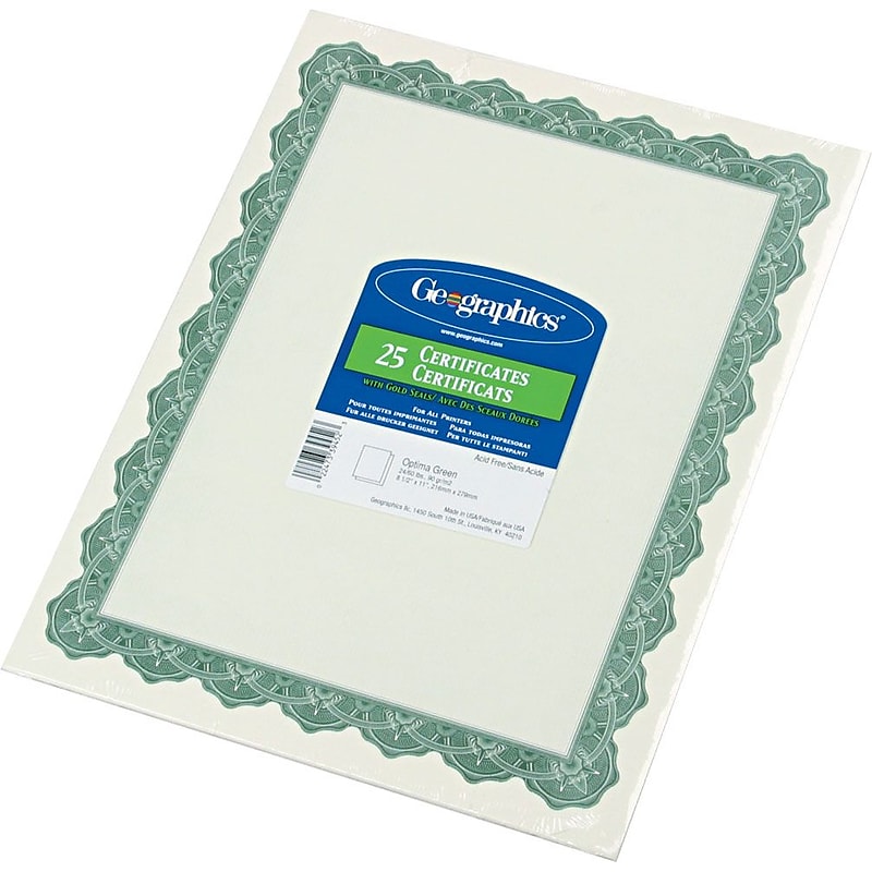 Parchment Paper Certificates, 8.5 x 11, Optima Green with White Border, 25/Pack (GEO39452) image 1