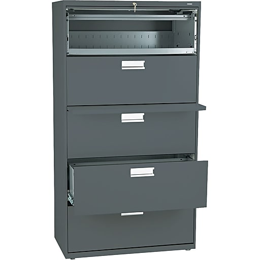 hon® brigade 600 series lateral file cabinet, a4/legal/letter, 5-drawer,  charcoal, 19 1/4"d (685ls)