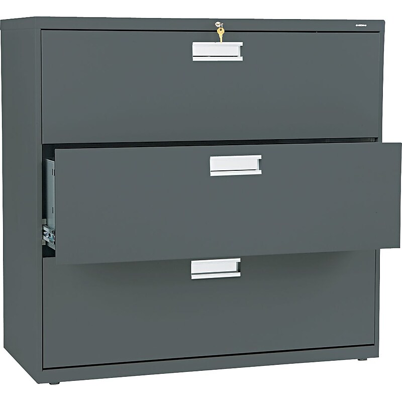 HON Brigade 600 Series Lateral File Cabinet, 42" Wide, 3-Drawer, Charcoal image 1