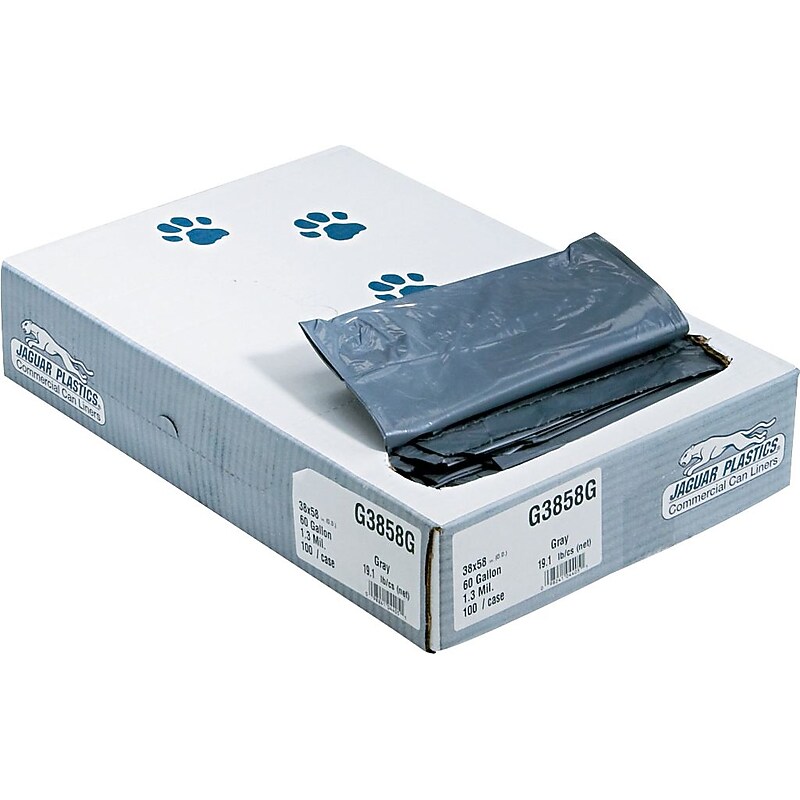 Jaguar Plastics Super Extra-Heavy Grade Industrial Strength Can Liners, 60 Gallon, 1.3 mil, Gray, 58" x 38", 100/CT image 1