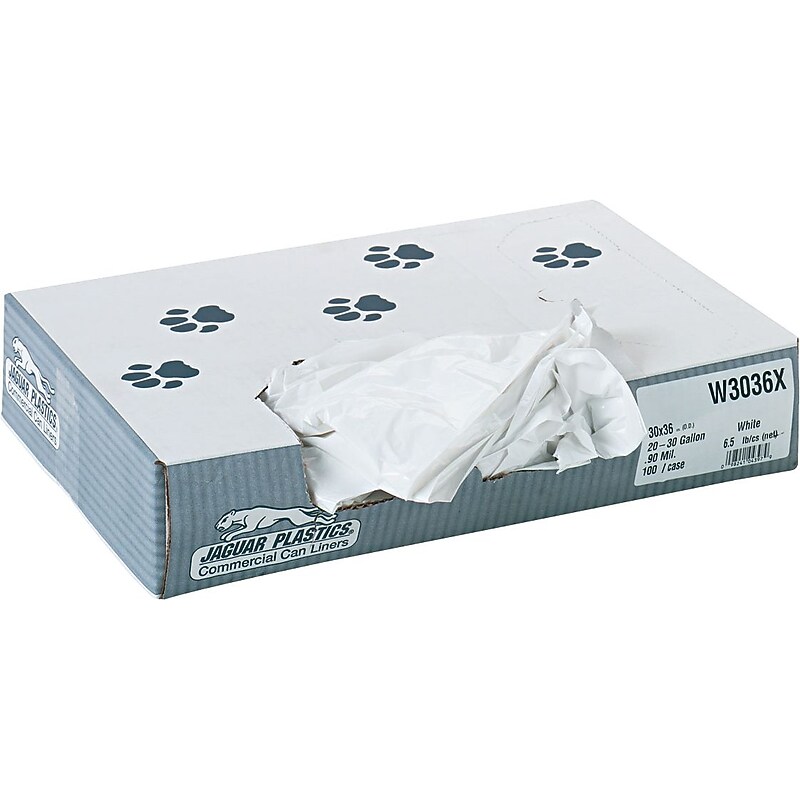 Jaguar Plastics Extra-Heavy Grade Industrial Strength Commercial Can Liners, 30 Gallon, .9 mil, White, 30" x 36", 100/CT image 1