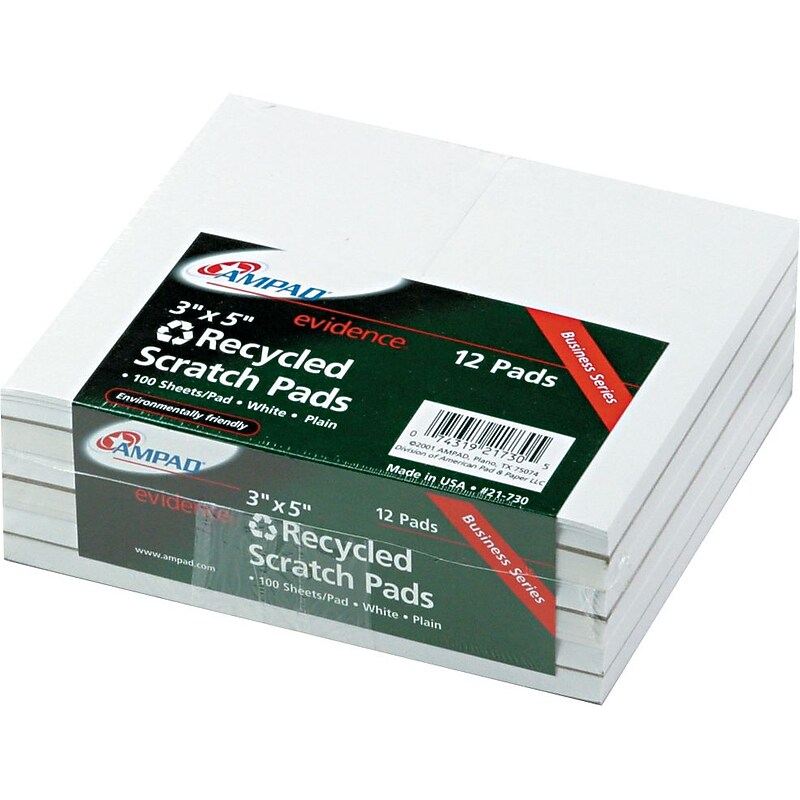 Ampad Evidence Recycled Scratch Pads, White, 3" x 5", 100 Sheets/Pad, 12/Pack image 1