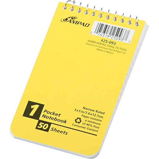 Ampad® Pocket Wirebound Notepad, Narrow Ruled, TopOpen, 5" x 3" Staples