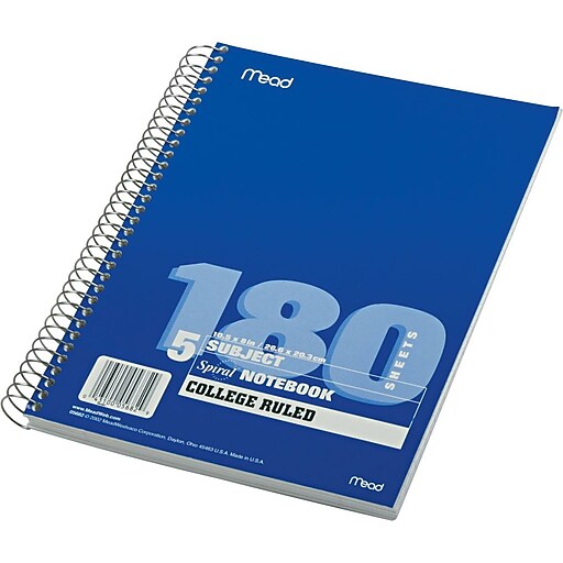Mead Spiral 5Subject Notebook, 10.5 inches x 7.5 inches, College Ruled