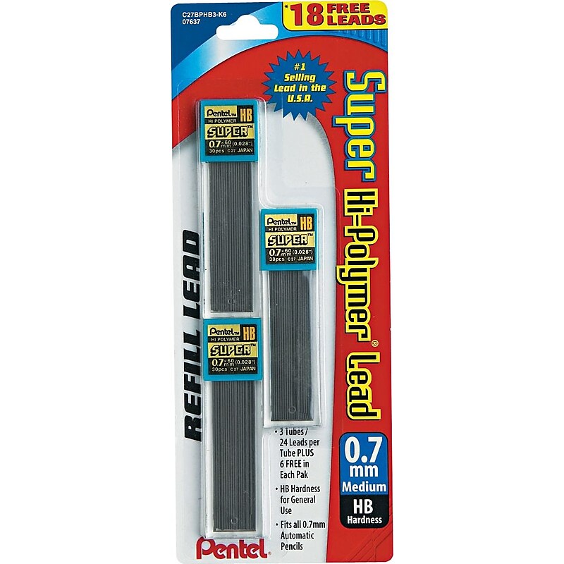 Pentel Super Hi-Polymer Lead Refill, 0.7mm, 30/Leads, 3/Pack (C27HBBP3) image 1