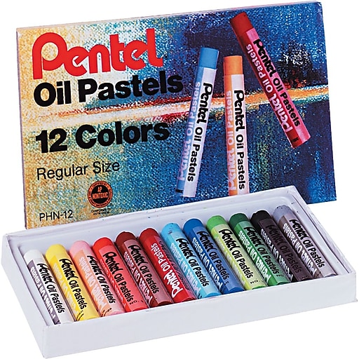 Pentel Round Stick Oil Pastels Crayons, Assorted - 12 pack