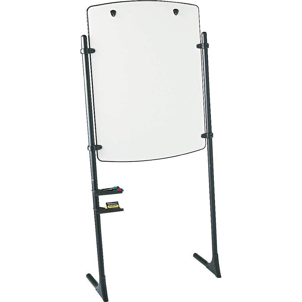 Whiteboard on a lighter gray metal stand with bottom feet