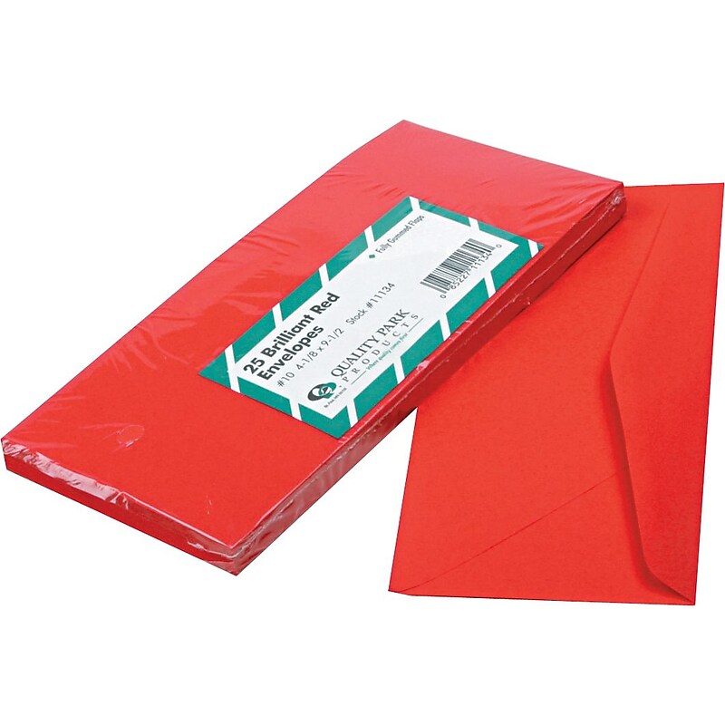 Quality Park Gummed Brightly Colored Business #10 Envelopes, 4-1/8" x 9-1/2", Red, 25/Pack image 1