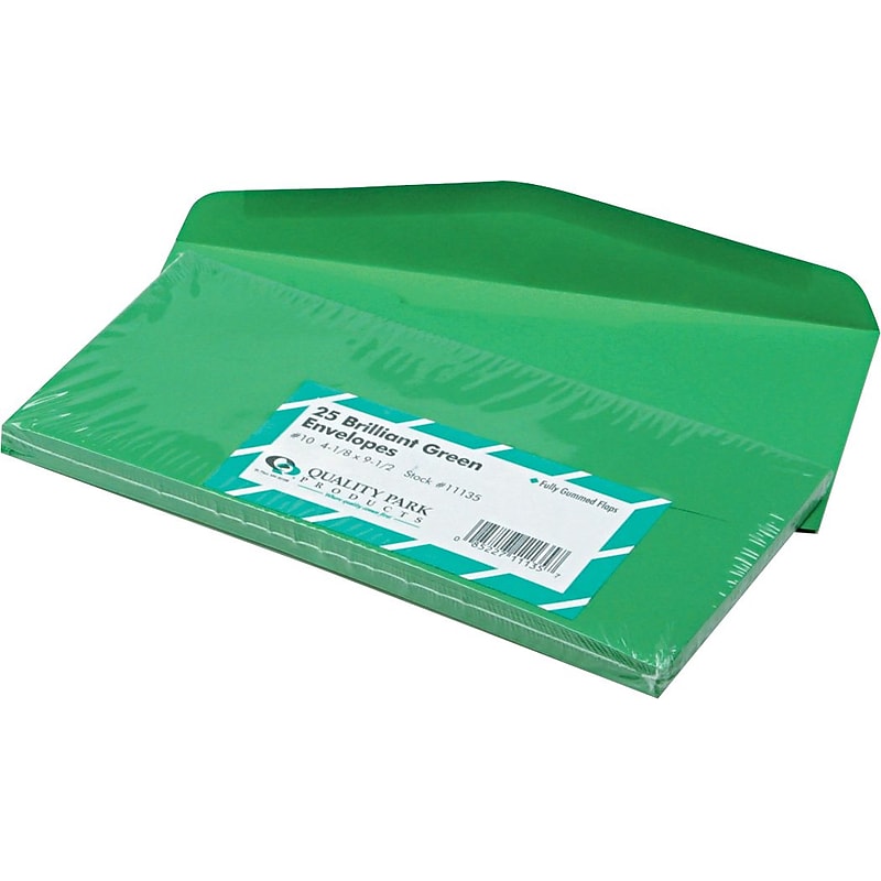 Quality Park Gummed Brightly Colored Business #10 Envelopes, 4 1/8" x 9 1/2", Green, 25/Pk image 1