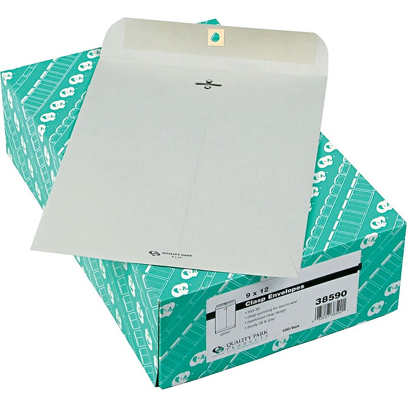 Quality Park 28lb. Clasp Colored Kraft Catalog Envelopes, Grey Kraft, 9x12", 100/Box image 1