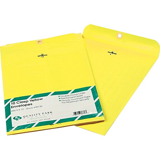 Quality Park 9" x 12" Yellow Clasp Envelopes, 10/Pack Staples