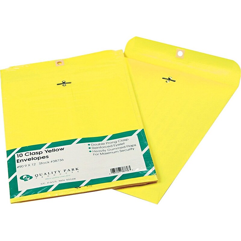 Quality Park 9" x 12" Yellow Clasp Envelopes, 10/Pack image 1