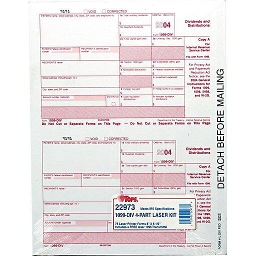 1099 Tax Forms For Laser Printers 4 Part Dividends 5 1 2 H X 8 W 