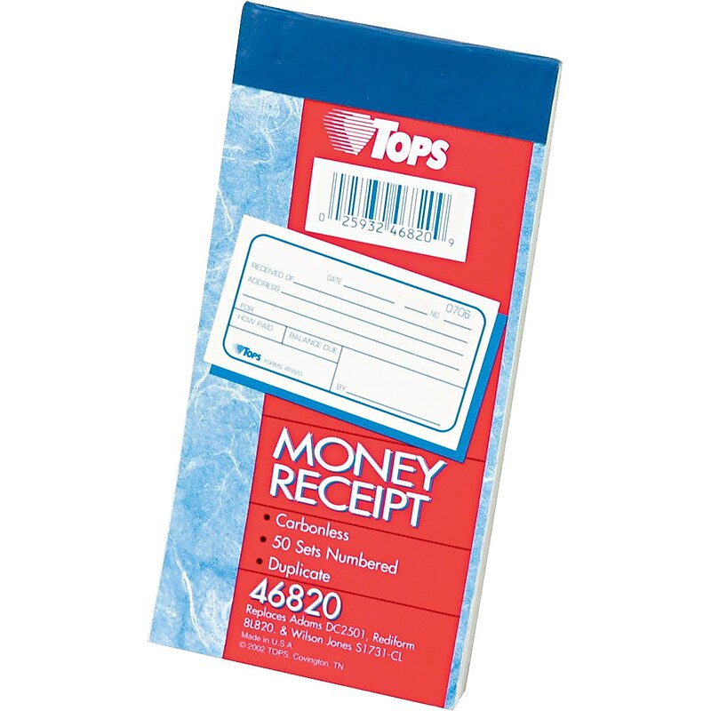 TOPS 2-Part Money/Rent Receipt Book, 5.37" x 2.75", White, 50 Forms (46820) image 1