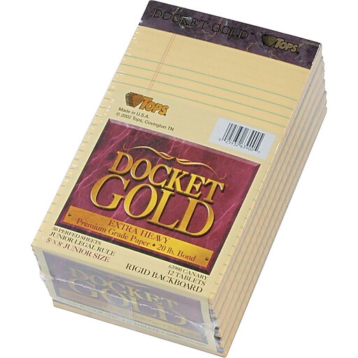 TOPS® Docket Gold Notepad, 5" x 8", Junior Legal Rule, Canary, 20 lb