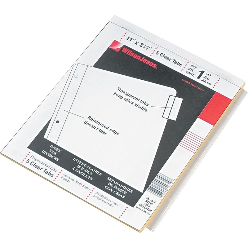 Wilson Jones Insertable Tab Dividers, Clear Tabs on Buff Paper, 5 Tab Set (WLI54310) image 1