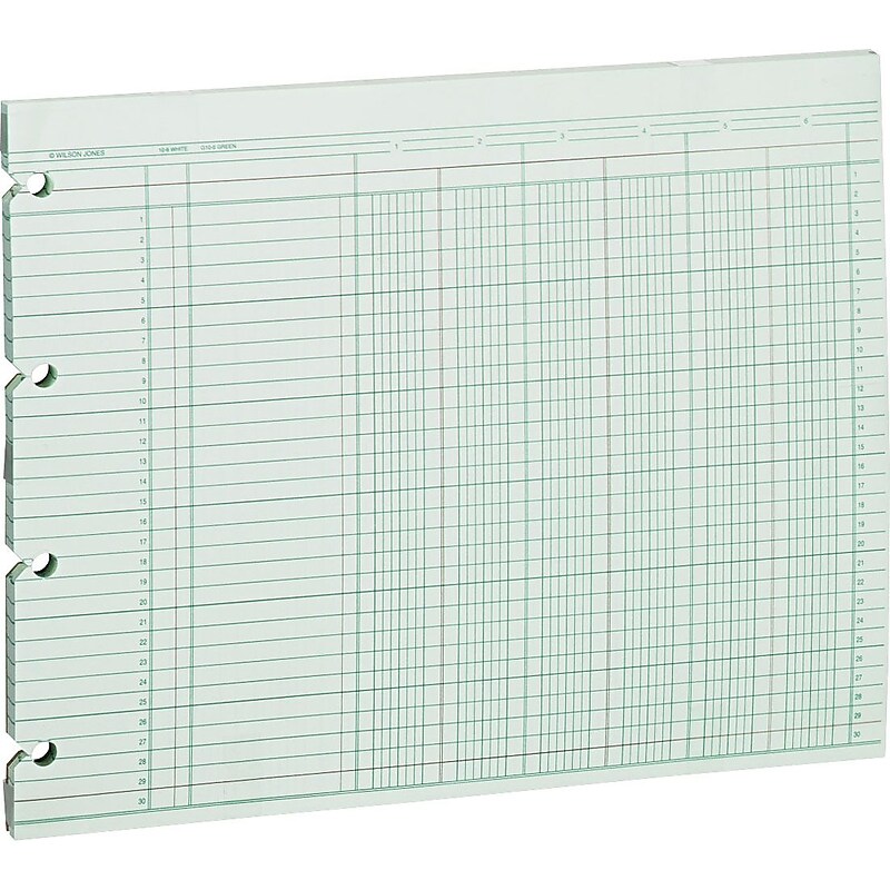 Wilson Jones Columnar Sheets, Ledger Paper, Ruled, 30 Lines, 6 Columns, Green Paper, 9 1/4" x 11 7/8", 100/Pk image 1