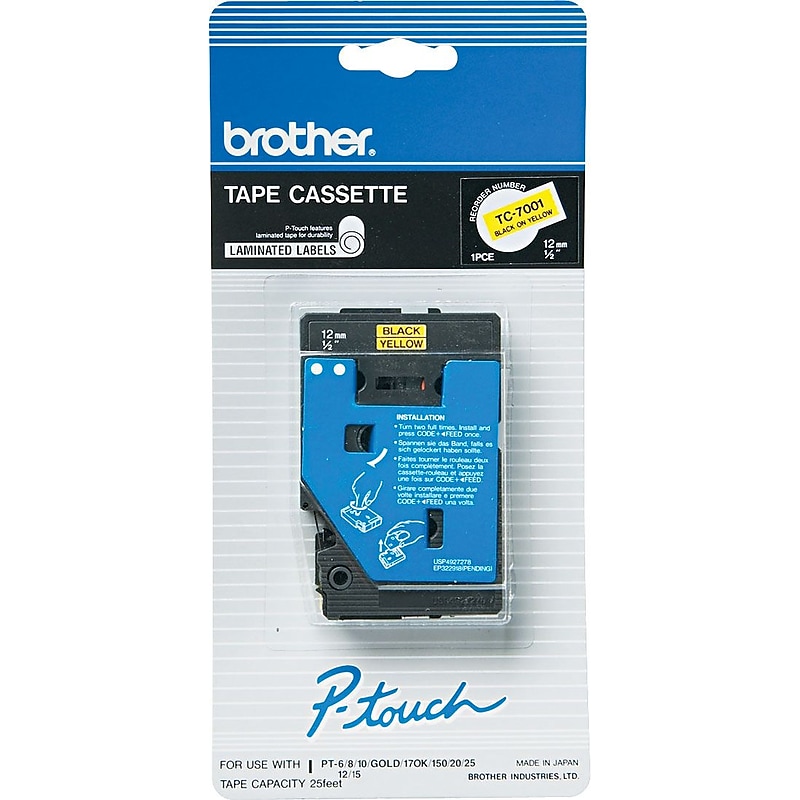 Brother P-touch TC-7001 Laminated Label Maker Tape, 1/2" x 25-2/10', Black on Yellow (TC-7001) image 1