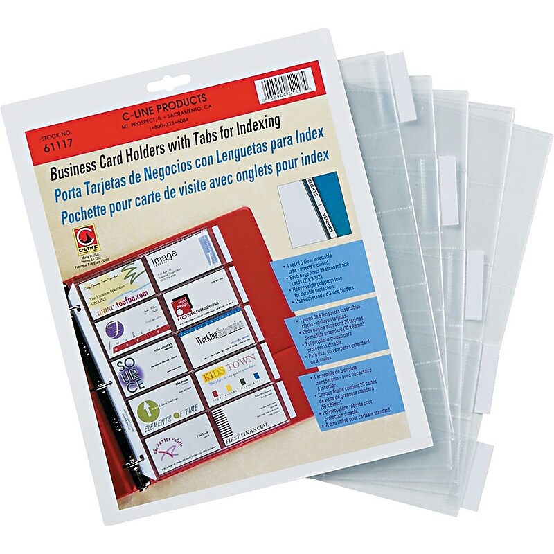 C-Line Business Card Refill Pages with Tabs, 20 Cards, Clear, 11" x 8-1/2", 5/PK image 1