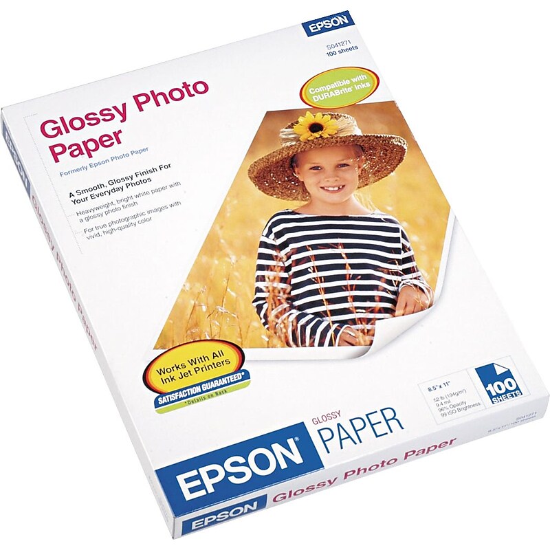 Epson Glossy Photo Paper, 8.5" x 11", 100 Sheets/Pack (EPSS041271) image 1