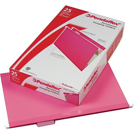 Pendaflex Reinforced Hanging File Folders, 1/5 Tab, Legal Size, Pink, 25/Box (04153 1/5 PIN