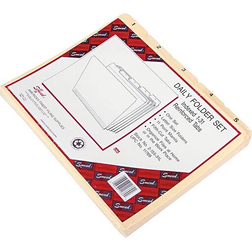 Smead Indexed File Folder Set, Daily (1-31) Folders, Reinforced 1/5-Cut ...