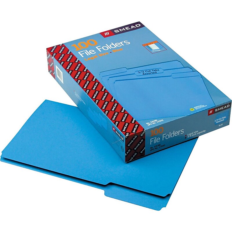 Smead File Folder, 1/3 Cut, Legal Size, Blue, 100/BX (17043) image 1