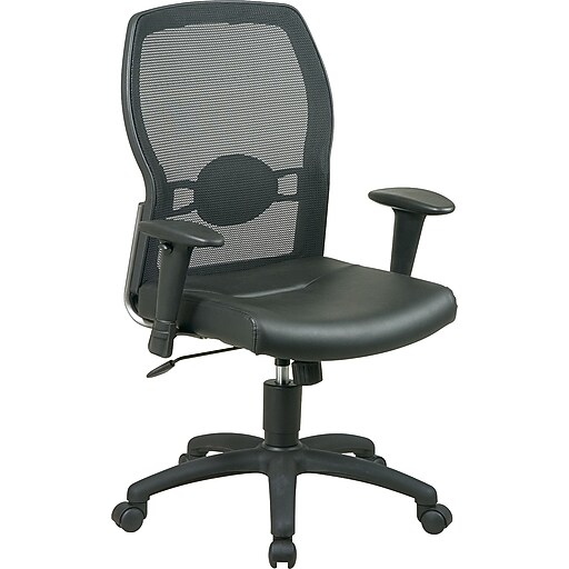 Office Star Mid-Back Leather Manager's Chair, Adjustable Arms, Black at