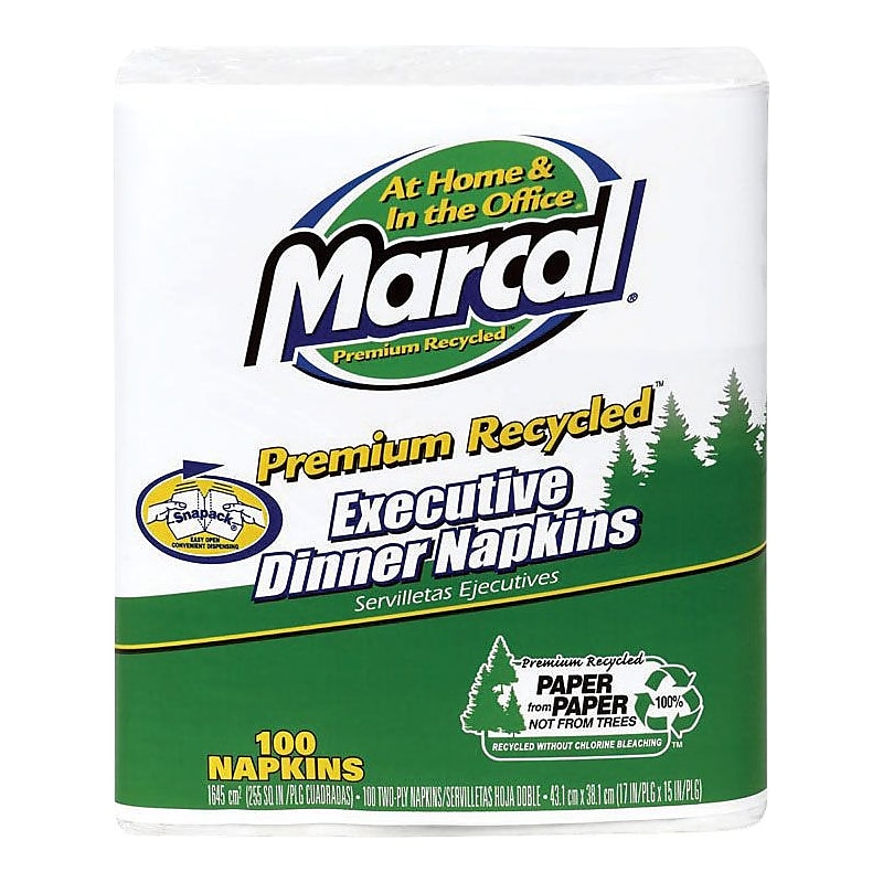 Marcal Recycled Napkin, 2-ply, White, 100 Napkins/Pack, 16/Carton (6520) image 1