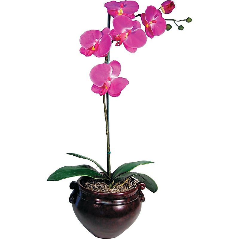 16 Inch Artificial Purple Orchid in Mahogany Fiberglass Pot image 1