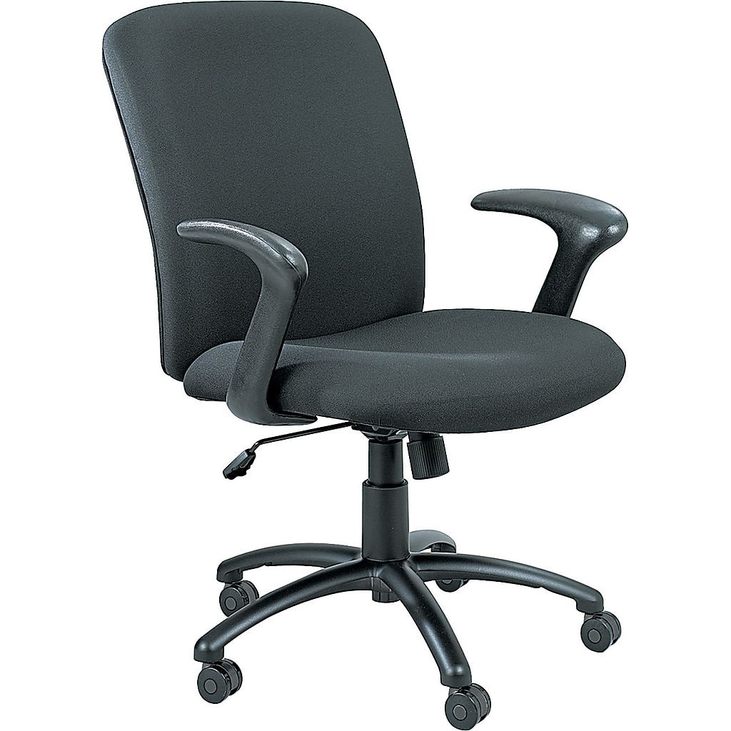 Dark gray fabric office chair with curved back and armrests