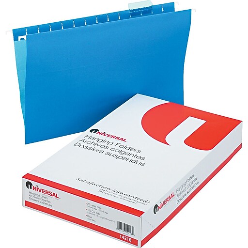 Universal® Hanging File Folders, Bright Blue, Legal, Holds 8 1/2"H x 14