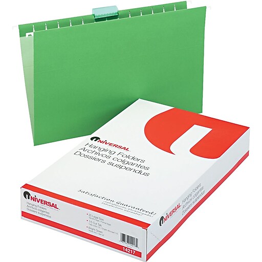 Shop Staples for Universal® Hanging File Folders, Bright Green, Legal, Holds 8 1/2"H x 14"W, 25/Bx