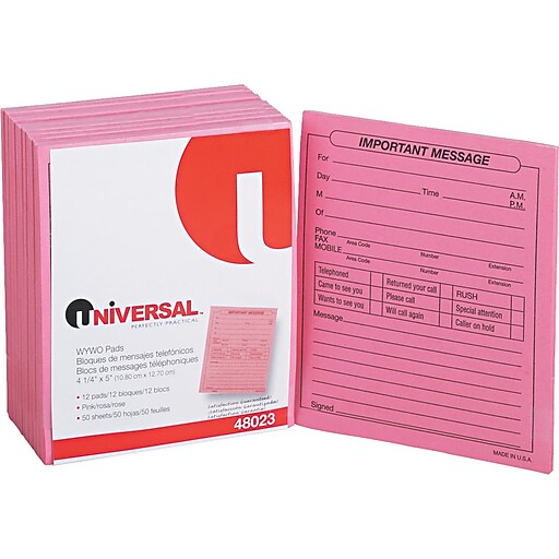 Universal "Important Message" Pad, Pink, 4 1/4" x 5 1/2" Form, 50