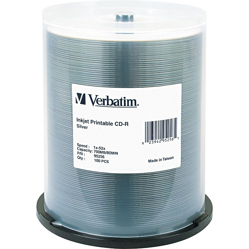 Verbatim CD-R, 52X, 700MB/80 Minute, Inkjet Printable, Silver, 100/Pk image 1