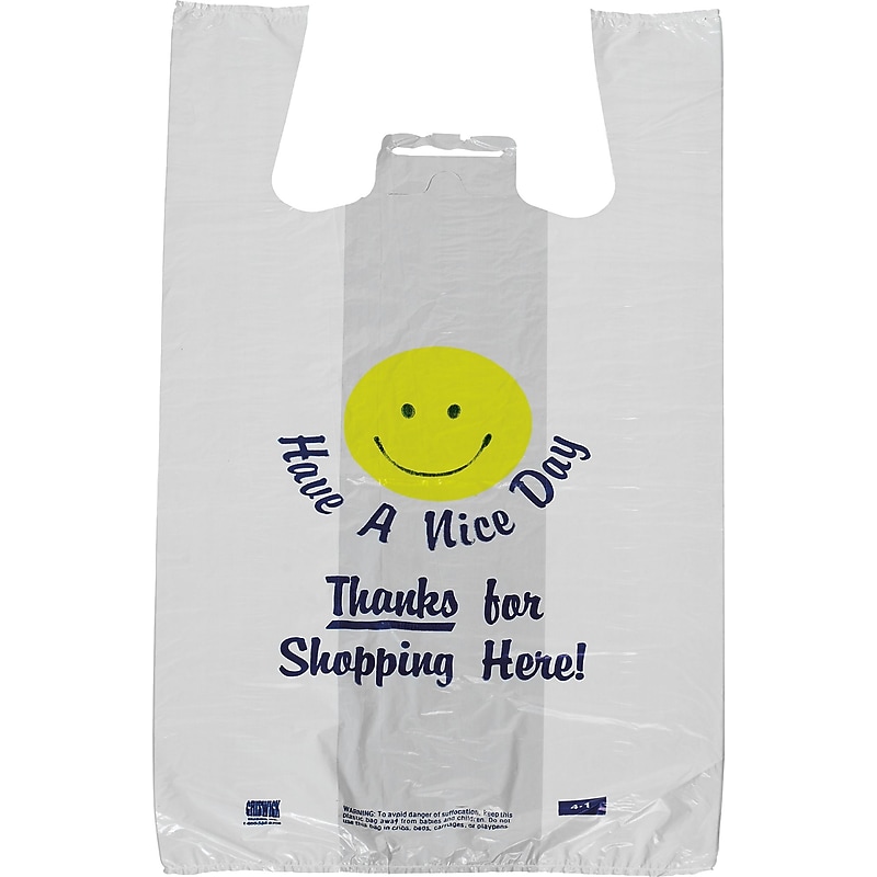 Glopack Inc "Have a Nice Day" Smiley Face Pre-Printed T-shirt Bag, 23" x 11.5", 1000/Carton (17-05) image 1