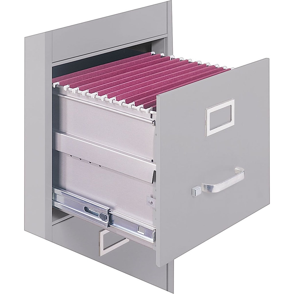 Open lateral file cabinet with hanging files and two drawers