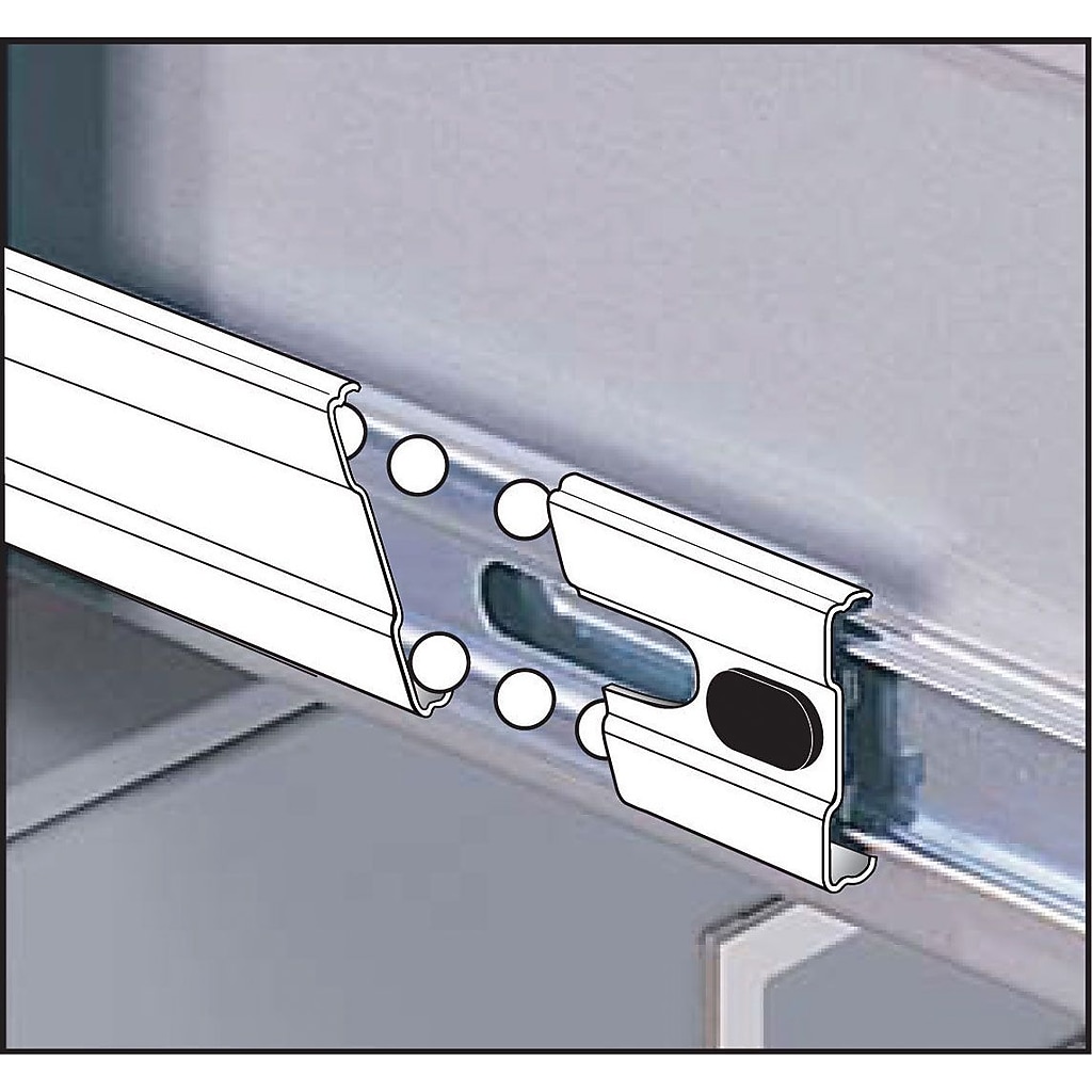 Close-up of file cabinet sliding rail and latch mechanism