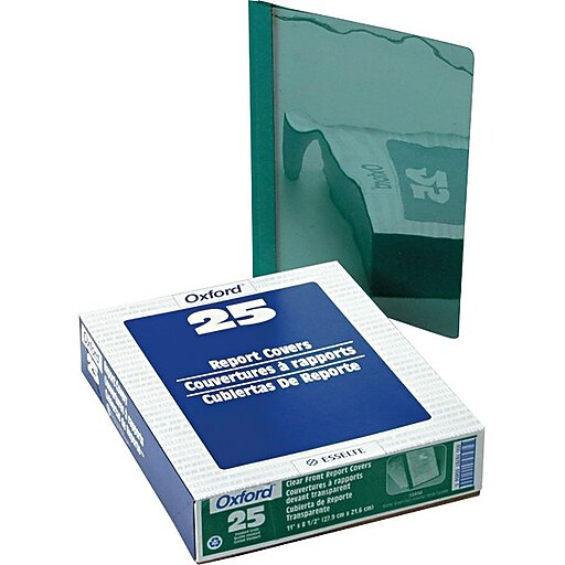 Clear Front Report Cover, Tang Fasteners, Letter Size, Green, 25/Box