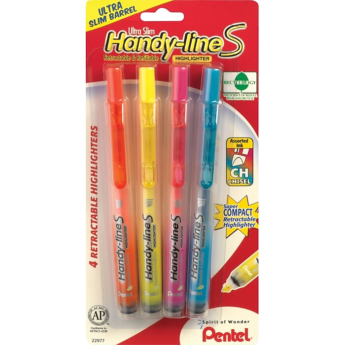 Pentel® Recycled Handy-Lines Slim Retractable Highlighters, 4/Pack