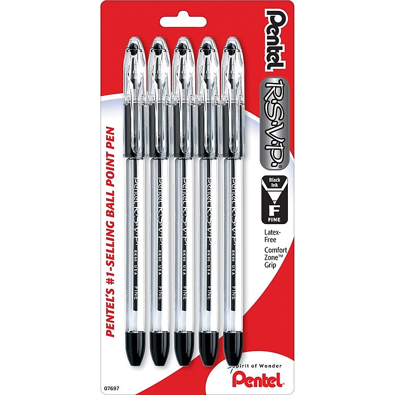 Pentel R.S.V.P. Ballpoint Pen, Fine Point, 0.7 mm, Black Ink, 5/Pk image 1