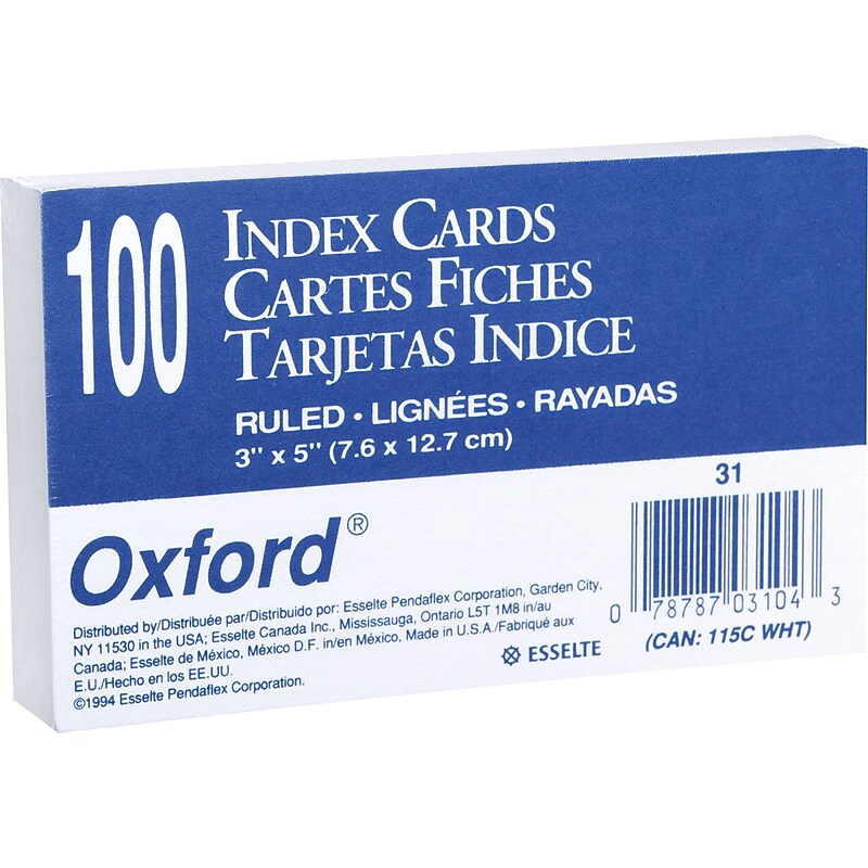 Oxford 3 x 5" Index Cards, Lined, White, 100/Pack (31EE) image 1