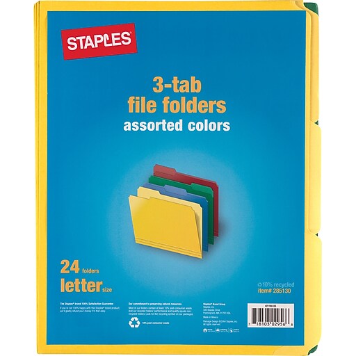 Staples® Colored TopTab File Folders, 3 Tab, Assorted Colors, Letter