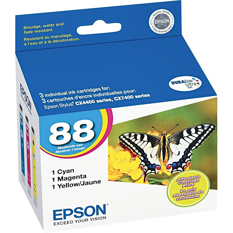 Epson T88 Cyan/Magenta/Yellow Standard Yield Ink Cartridge, 3/Pack (T088520-S) image 1
