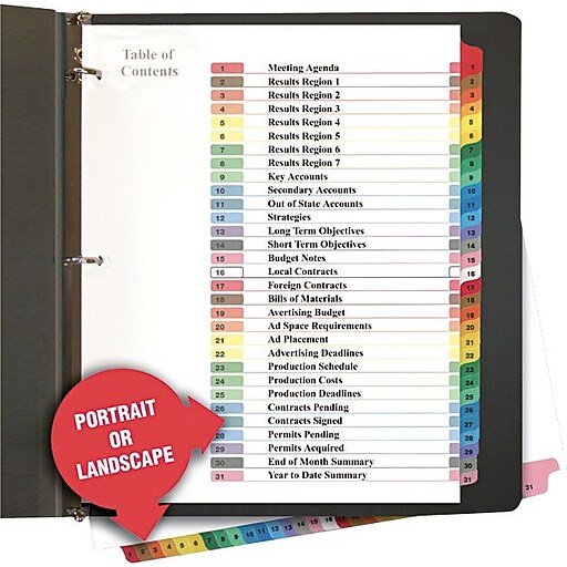 Shop Staples for Universal Tabel of Contents Dividers, 131Tab, Assorted Colors, 8 1/2 x 11"