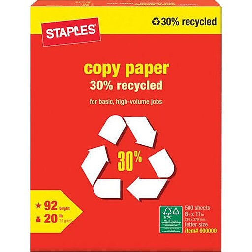 Staples 30 Recycled Copy Paper, 8 1/2" x 11", White, 500/Ream (112350/