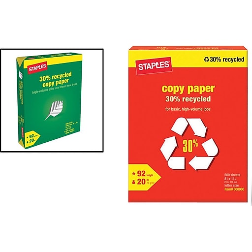 Staples 30 Recycled Copy Paper, 8 1/2" x 11", White, 500/Ream (112350/1542) Staples