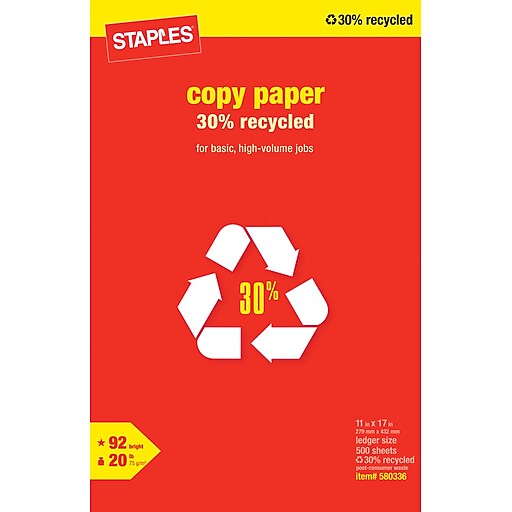 Staples 30 Recycled Copy Paper, 11" x 17", 500/Ream (112390) Staples